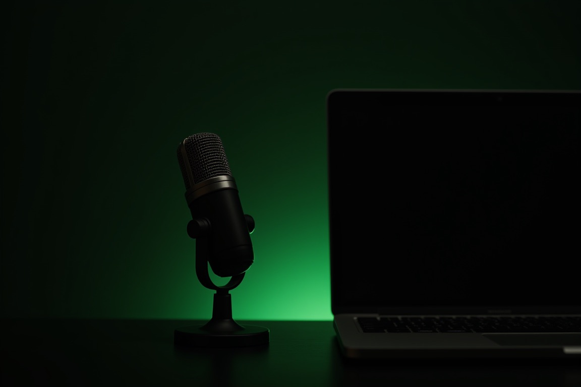 A vintage broadcast microphone on a dark desk beside a closed laptop, lit by a warm pool of desk light