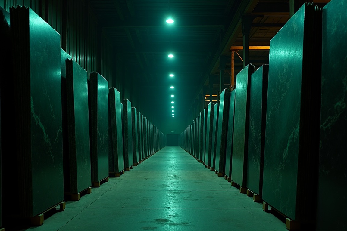 Rows of granite slabs standing in steel racks in a dark warehouse